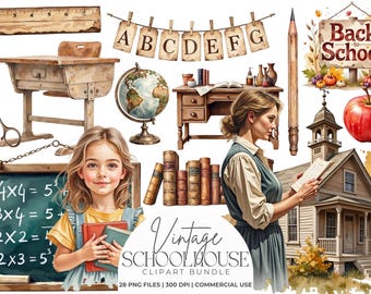 Vintage Schoolhouse Clipart Bundle | Retro Classroom Ephemera Graphics, Antique Back to School PNGs for Junk Journals, Scrapbooking & Crafts