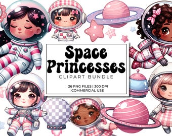 Space Princesses Clipart Bundle | Pink Gingham Girl Astronaut PNGs | Kawaii Space Graphics for Nursery Decor, Sublimation, Stickers, Crafts