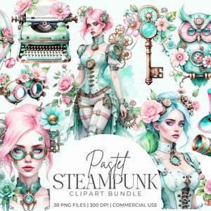 May include: Watercolor clipart bundle featuring pastel steampunk designs. Includes a hot air balloon, typewriter, goggles, portraits of women, an owl, a key, a top hat, a telescope, and an hourglass. The text reads "Pastel Steampunk Clipart Bundle".