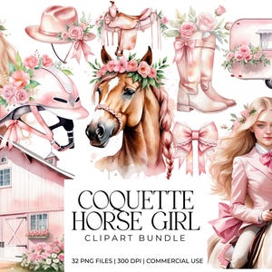 COQUETTE PFERD MÄDCHEN – Pink Pastell Clipart Bundle | weiches Mädchen Cowgirl PNGs | Ästhetische Pferdekunst für Aufkleber, Planergrafiken