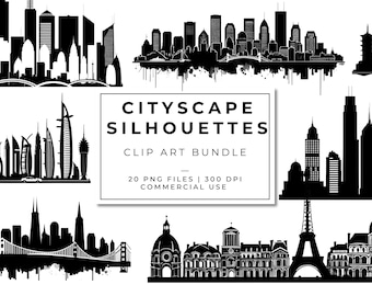 Cityscape Silhouette Clipart Bundle, Black City Skyline PNGs, Urban Silhouette Clip Art Graphics for Crafts, Stickers, Sublimation, Ephemera