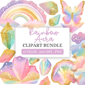 Rainbow Aura Clipart Bundle, Pastel Rainbow Clip Art, Aura Crystals PNG Images, Watercolor Rainbow Graphics, Digital Scrapbooking Stickers