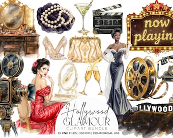 Op de afbeelding: Een digitale collectie Hollywood-thema illustraties waaronder een kaptafel, parelketting, martiniglas, filmklapper, lichtbak met de tekst now playing, hakken, clutch, filmcamera, filmrol, telefoon en het Hollywood-bord.