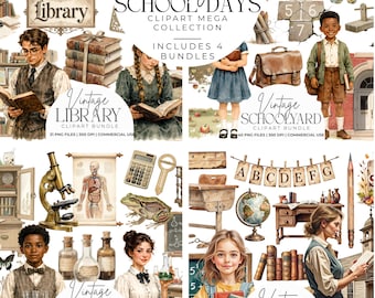 Vintage School Days Clipart Collection, Schoolhouse Schoolyard Science Library Bundle, Retro Academic Ephemera Graphics Set, Back to School
