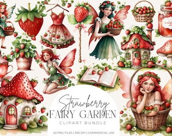 Strawberry Fairy Garden Clipart Bundle – Whimsical Fairycore Graphics, Cottagecore Strawberry Fields Art, Fantasy Fairy PNGs, Ephemera
