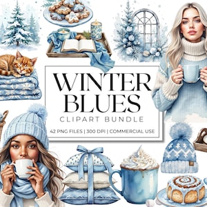 May include: Watercolor clipart bundle with a winter theme. The image features various winter elements, including a scarf, a cat on a blanket, a woman holding a mug, and the text "WINTER BLUES CLIPART BUNDLE".