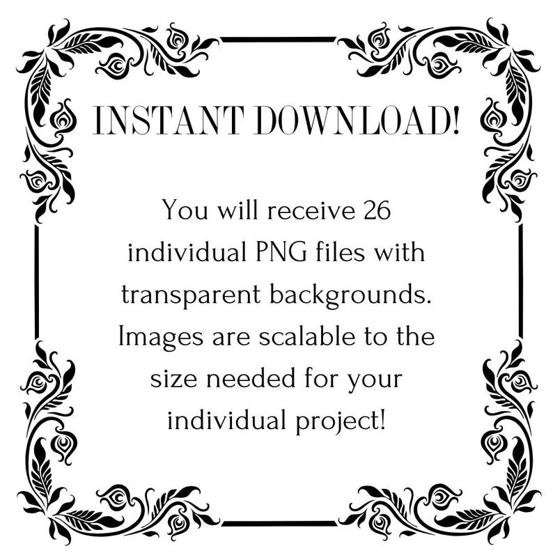 May include: Black and white decorative frame with ornate floral designs. The text "INSTANT DOWNLOAD!" is at the top of the frame. The text "You will receive 26 individual PNG files with transparent backgrounds. Images are scalable to the size needed for your individual project!" is inside the frame.