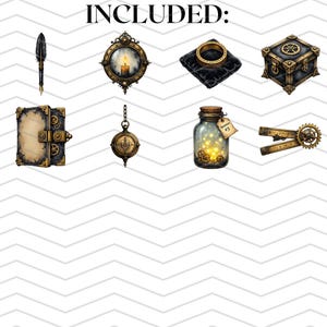May include: A collection of steampunk-themed illustrations featuring a compass, pen, candle in a frame, ring on a pillow, a box, a fork, gloves, a book, a pocket watch, a jar with lights, a measuring tool, and a lock. The items are in shades of gold, brown, and black.