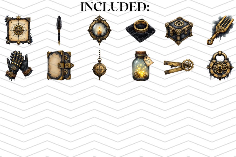 May include: A collection of steampunk-themed illustrations featuring a compass, pen, candle in a frame, ring on a pillow, a box, a fork, gloves, a book, a pocket watch, a jar with lights, a measuring tool, and a lock. The items are in shades of gold, brown, and black.