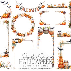 Pumpkin Spice Halloween Borders Frames Bundle, Cozy Spooky Watercolor PNG Clipart, Witchy Autumn Dividers, Fall Scrapbook Invitation Decor