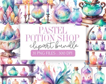 Pastel Potion Shop Clipart Bundle – Magical Witchy Apothecary PNGs for Fantasy Crafts & Sublimation | Whimsical Magic Graphics | Ephemera