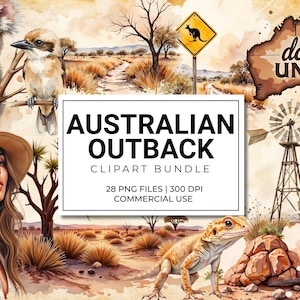 Pode incluir: Ilustração em aquarela de um pacote de cliparts do Outback australiano. A imagem apresenta um coala, um kookaburra, um canguru, um lagarto e uma mulher com um chapéu. O texto "AUSTRALIAN OUTBACK CLIPART BUNDLE" é exibido.
