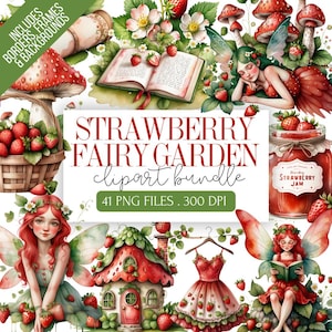 Strawberry Fairy Garden Clipart Bundle – Whimsical Fairycore Graphics, Cottagecore Strawberry Fields Art, Fantasy Fairy PNGs, Ephemera