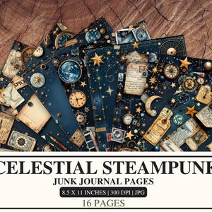 Páginas imprimibles de diario Steampunk celestial / Paquete de papel digital vintage con estrellas, engranajes, lunas, soles y efímeras, material para álbumes de recortes victorianos