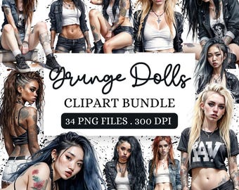 Grunge Dolls Clipart Bundle – Punk Aesthetic Girls, Edgy Alt Fashion PNG, Tattooed Baddies, Junk Journal & Scrapbook Digital Graphics