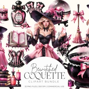Bewitched Coquette Clipart Bundle, Feminine Witchy Aesthetic PNGs, Girly Pink Witch Hat, Potion Bottles, Lace, Bows, Candles, Books Graphics image 1