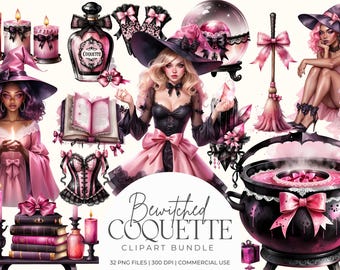 Bewitched Coquette Clipart Bundle, Feminine Witchy Aesthetic PNGs, Girly Pink Witch Hat, Potion Bottles, Lace, Bows, Candles, Books Graphics