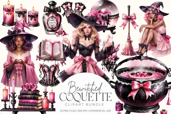 Bewitched Coquette Clipart Bundle, Feminine Witchy Aesthetic PNGs, Girly Pink Witch Hat, Potion Bottles, Lace, Bows, Candles, Books Graphics