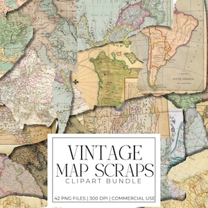 May include: A collection of torn vintage map fragments in shades of beige, green, and pink. The maps are layered to create a textured effect. A white rectangle displays the text "VINTAGE MAP SCRAPS CLIPART BUNDLE".