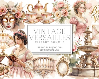 Vintage Versailles Clipart Bundle, Pink Rococo Marie Antoinette Aesthetic, Pastel Antique French Luxury Watercolor Digital PNGs, Ephemera