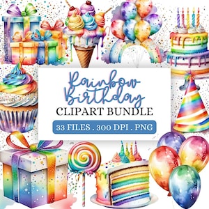 May include: A digital clipart bundle of rainbow birthday party elements. The bundle includes a rainbow cake, cupcakes, presents, balloons, a lollipop, a party hat, and an ice cream cone. The text "Rainbow Birthday Clipart Bundle" is displayed on a blue background. 33 files, 300 DPI, PNG.