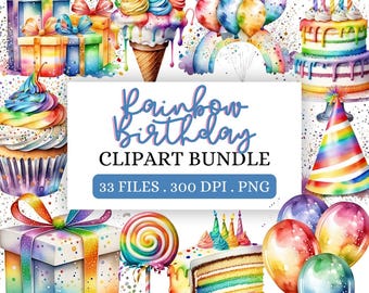 Rainbow Birthday Party Clipart Bundle, Digital Rainbow Party Graphics, Rainbow Cake and Balloons PNG, Colorful Birthday Scrapbook
