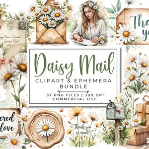 Pacote de Cliparts de Correspondência Daisy | PNGs de Correspondência Feliz Floral, Envelopes, Cartões Postais, Embalagens, Lacres de Cera, Papelaria | Objetos Estéticos Cottagecore