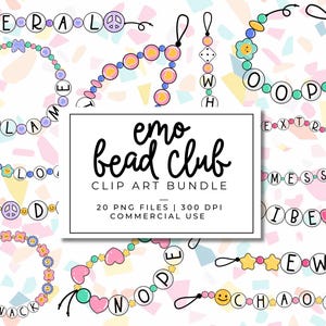 Op de afbeelding: Een verzameling kleurrijke kralenontwerpen met woorden als "CHAOS" en "LOVE". De ontwerpen bevatten sterren, harten en bloemen. De tekst "emo bead club" is ook aanwezig.
