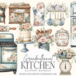 Op de afbeelding: Een verzameling aquarel keuken-thema clipart. Bevat een blauw fornuis, koelkast en kruidenrek, allemaal versierd met bloemmotieven. Bevat ook een deegroller, taart en koekjespot. De tekst "Grandmillennial KITCHEN" is zichtbaar.