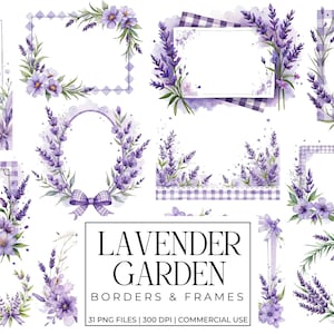 May include: Watercolor illustrations of lavender borders and frames in various shapes, including rectangles, ovals, and wreaths. The designs feature purple lavender flowers, green leaves, and gingham patterns. The text "LAVENDER GARDEN" is also included.
