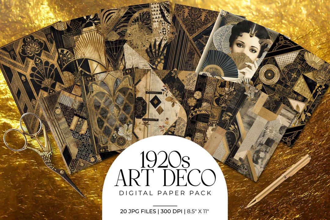 Art Deco Collage Paper Pack | Black & Gold Vintage Junk Journal Pages ...