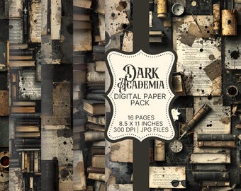 Pacote de Papel Digital Dark Academia | 16 Fundos JPG | Estética Vintage Grunge Collage | Páginas de Scrapbook com Efêmeros Góticos, Kit para Junk Journal