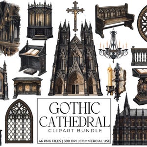 May include: A collection of watercolor illustrations featuring Gothic cathedral elements. Includes a large cathedral, church windows, a bench, a chandelier, and a cross. The text "Gothic Cathedral Clipart Bundle" is also present.