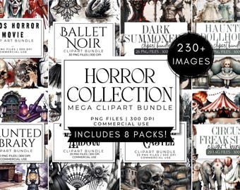 Horror Clipart Sammlung Mega Bundle | Verwunschene Bibliothek, Dark Summoners, Viktorianische Witwe, Spukendes Puppenhaus, Zirkus Freaks, Halloween PNG