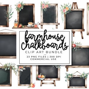 Boerderijschoolbord clipartbundel – rustieke lege schoolborden met bloemen en keukendecor, digitale png-kunst voor sublimatie, ambachten, menu's