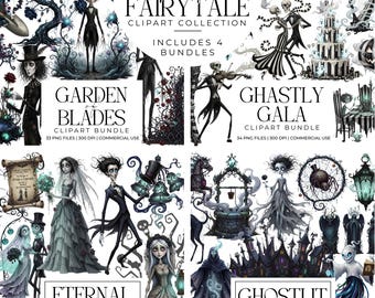 Verdrehte Märchen Clipart-Sammlung, Gothic Fantasy-Digital-Kunst-Grafik, Haunted Scrapbook PNG-Bundle, Hochzeit, Garten, Party Ephemera