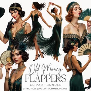 May include: A digital art bundle featuring illustrations of women in vintage flapper attire. The images showcase emerald green dresses, accessories, and fans, evoking a sense of the Roaring Twenties. The text "Old Money Flappers" is also visible.
