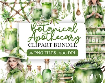Clipart de boticario de bruja de primavera / PNG de bruja botánica, gráficos de pociones mágicas de hierbas, estética de bruja de acuarela, álbum de recortes y diario basura
