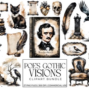 Edgar Allan Poe Gothic Clipart Bundle | Dark Academia, Vintage Macabre, Raven, Quill, Haunted Victorian PNG| The Raven Halloween Graphics image 1
