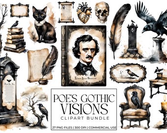 Edgar Allan Poe Gothic Clipart Bundle | Dark Academia, Vintage Macabre, Raven, Quill, Haunted Victorian PNG| The Raven Halloween Graphics