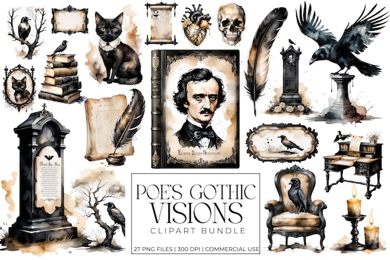 Edgar Allan Poe Gothic Clipart Bundle | Dark Academia, Vintage Macabre, Raven, Quill, Haunted Victorian PNG| The Raven Halloween Graphics