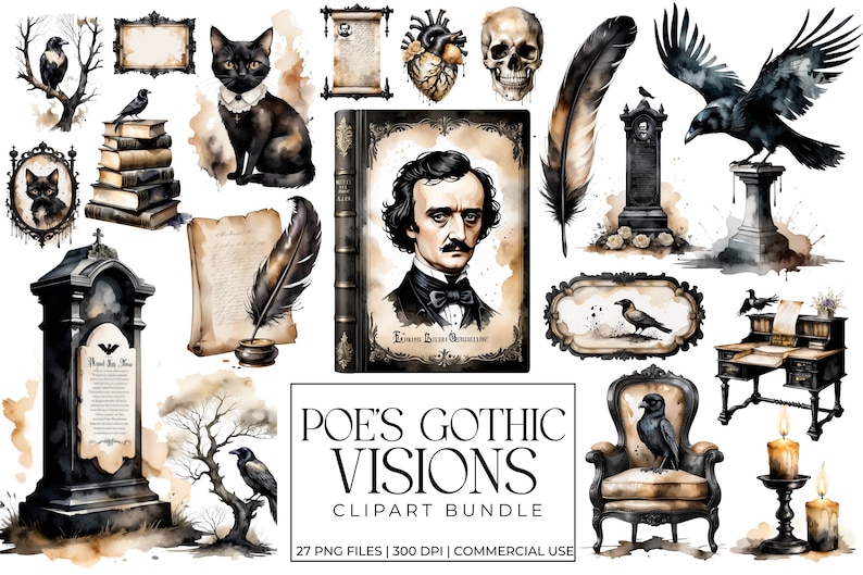 Edgar Allan Poe Gothic Clipart Bundle | Dark Academia, Vintage Macabre, Raven, Quill, Haunted Victorian PNG| The Raven Halloween Graphics image 1