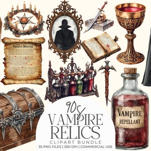 Vampire Relics Clipart Bundle, Gothic Paranormal Objects, Horror Slayer Weapons PNGs, Occult Stickers, Dark Fantasy Watercolor Graphics Set