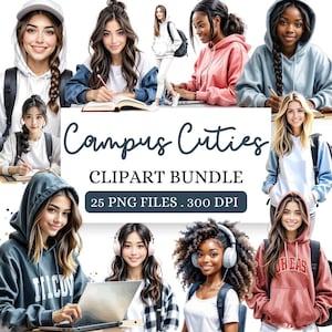 Imágenes prediseñadas de bellezas del campus / Imágenes prediseñadas estéticas de chicas universitarias estudiando / Ilustraciones digitales de estudiantes / Imágenes prediseñadas de estudiantes estudiando / Gráficos para planificadores y álbumes de recortes