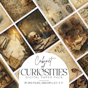 May include: A collection of vintage-style digital paper sheets with a cabinet of curiosities theme. The images feature botanical illustrations, skulls, antique books, and scientific instruments. The pack includes 37 JPG files, 300 DPI, 8.5" x 11".