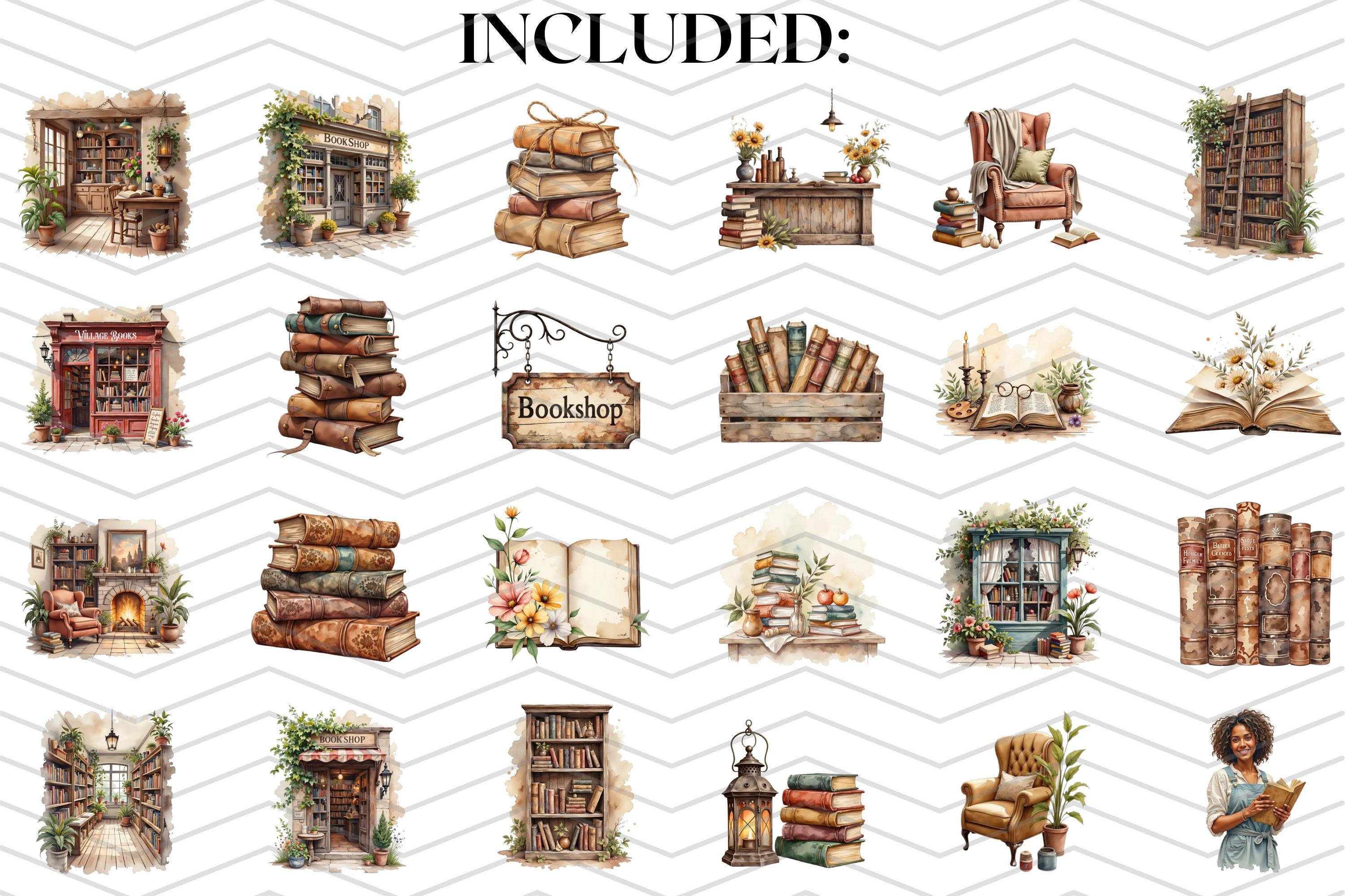 Cottagecore Bookshop Clipart Bundle, Vintage Watercolor Library Scenes ...