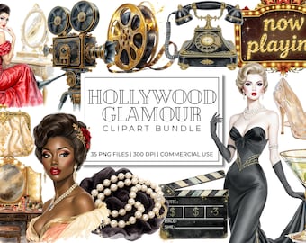 Puede incluir: Un collage de arte digital con elementos del glamour de Hollywood vintage. Incluye una cámara de cine, una bobina de película, un teléfono vintage, un letrero de "Now Playing", una mujer con un vestido rojo, una mujer con un vestido negro, tacones altos, un martini y una claqueta.