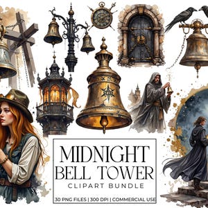 以下が含まれることがあります： ゴシック様式の水彩画クリップアートバンドル。鐘楼、鐘、人物が描かれています。赤毛の女性、修道士、さまざまな建築要素が含まれています。「MIDNIGHT BELL TOWER」の文字も表示されています。