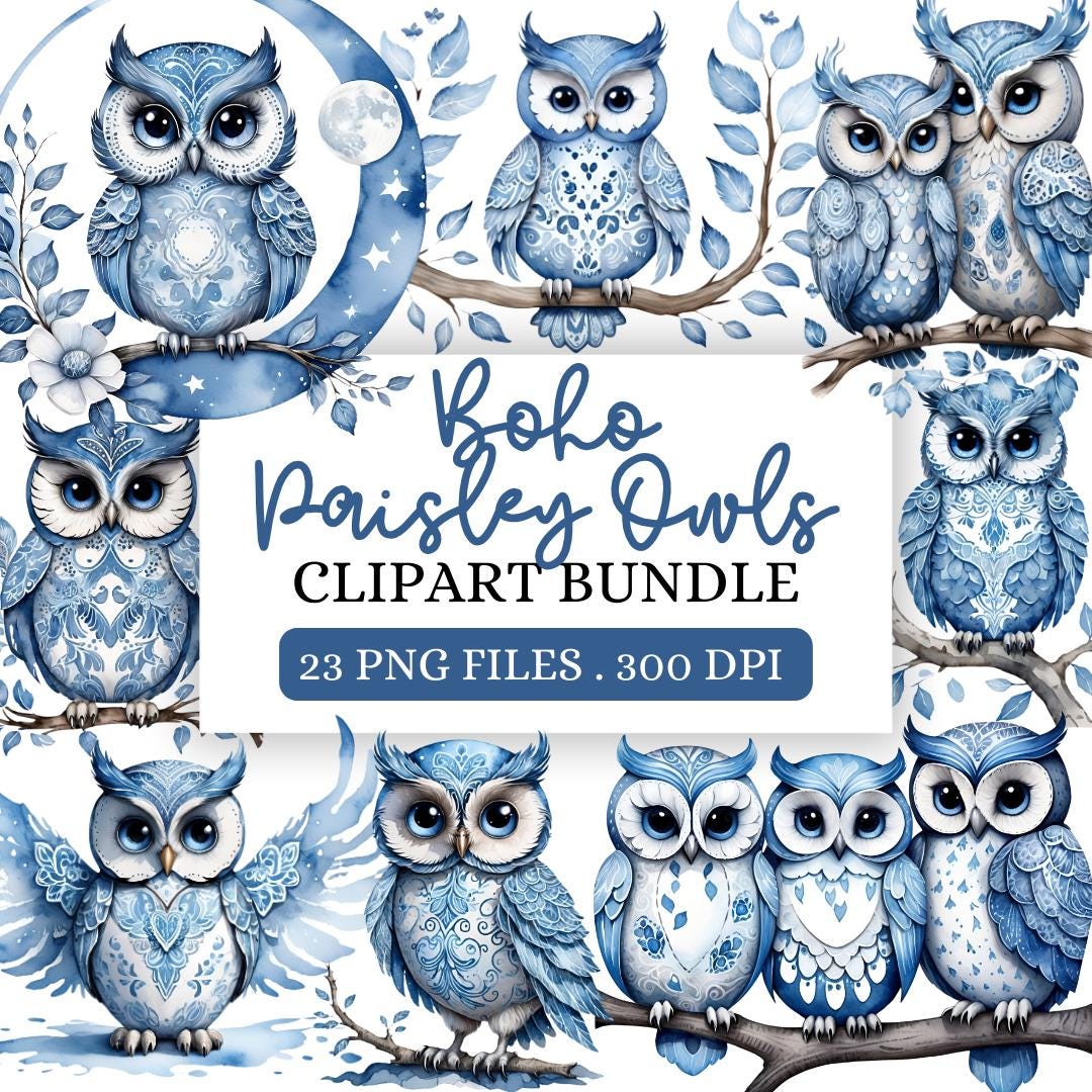 Blue Paisley Owls Clipart | Watercolor Owl Illustrations | Boho Paisley ...