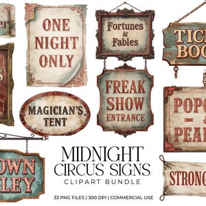 May include: A set of vintage circus signs, including "Fire Breather" and "Ticket Booth," with a distressed, aged appearance. The signs are designed with a classic carnival theme, featuring various shapes and sizes. Ideal for digital art projects.